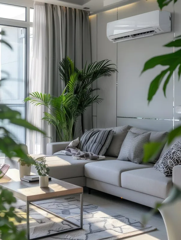 A modern living room showcases a sleek air conditioner, cozy sofa, decorative cushions, and vibrant plants enhancing the inviting atmosphere. Generative AI Image du confort apportée par une climatisation bien intégrée